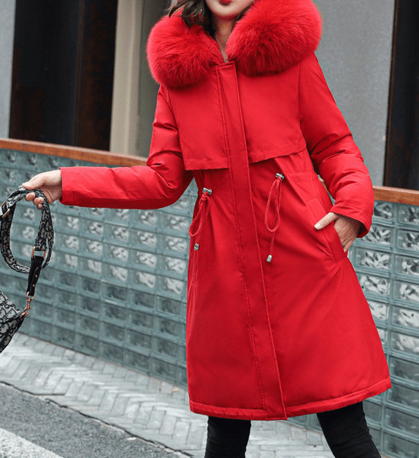 Fleece-Lined Long Winter Jacket with Big Fur Collar