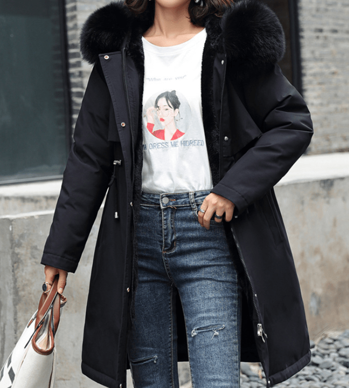 Fleece-Lined Long Winter Jacket with Big Fur Collar