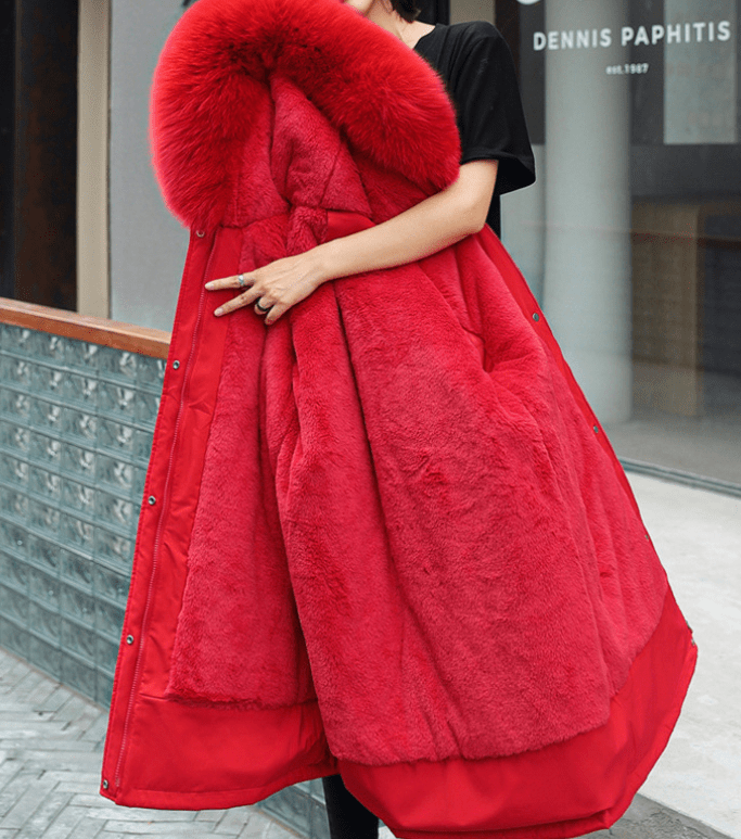 Fleece-Lined Long Winter Jacket with Big Fur Collar