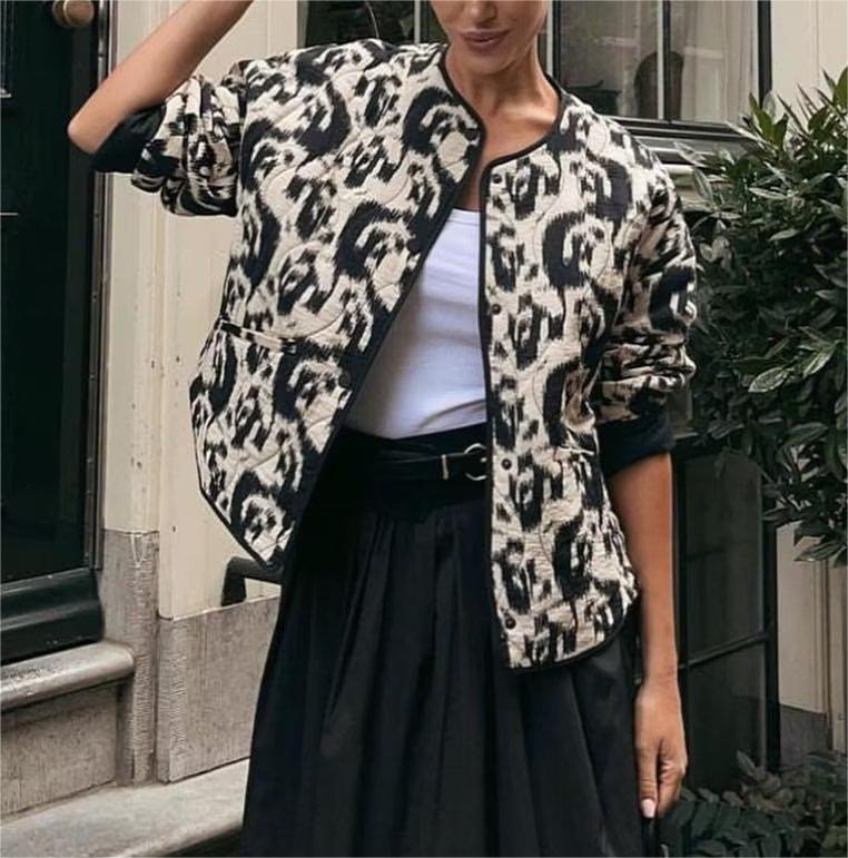 Collarless Animal Print Cotton Coat | Loose Fit, Stylish Design | Casual Autumn and Winter Wear