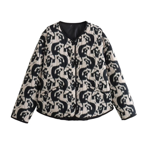 Collarless Animal Print Cotton Coat | Loose Fit, Stylish Design | Casual Autumn and Winter Wear