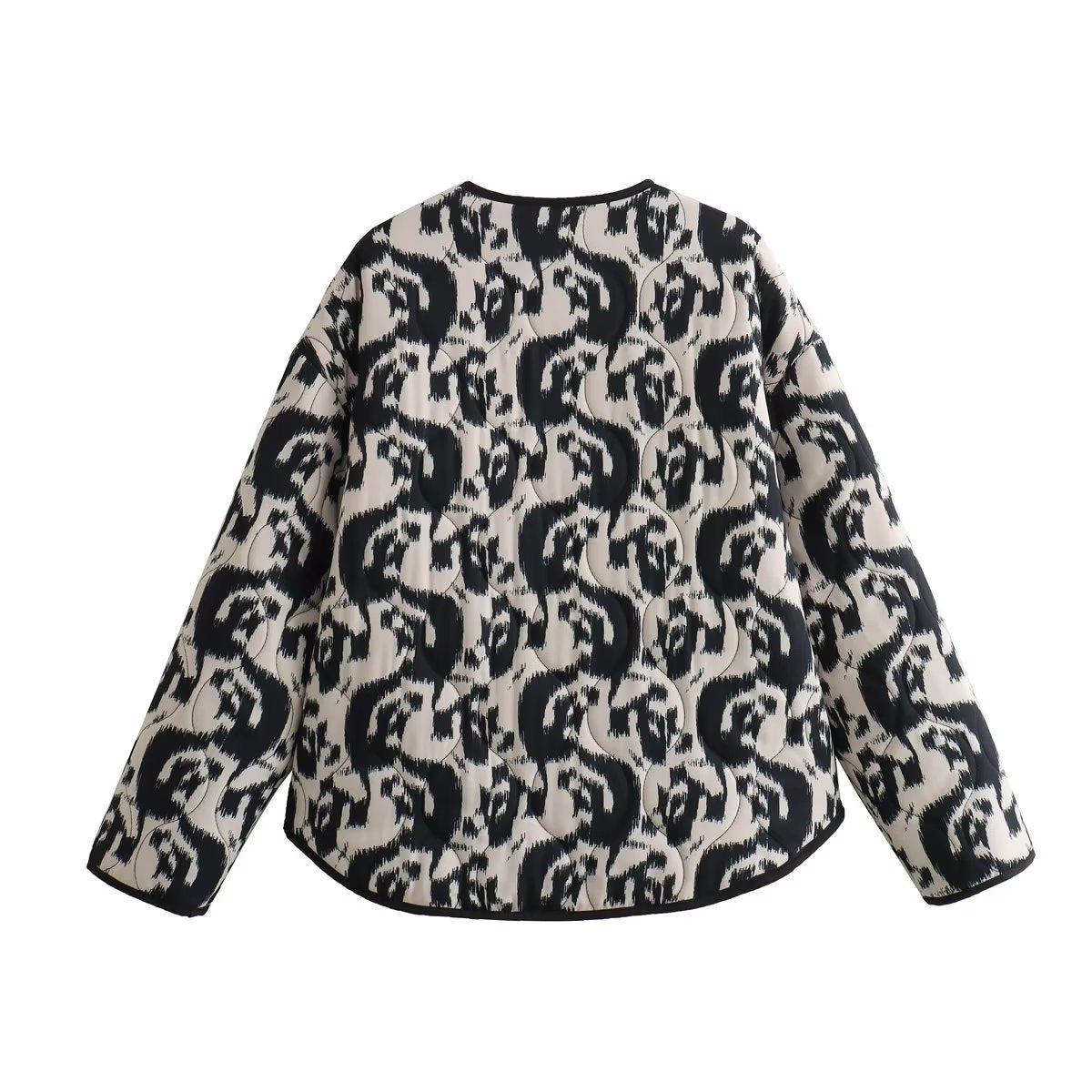 Collarless Animal Print Cotton Coat | Loose Fit, Stylish Design | Casual Autumn and Winter Wear