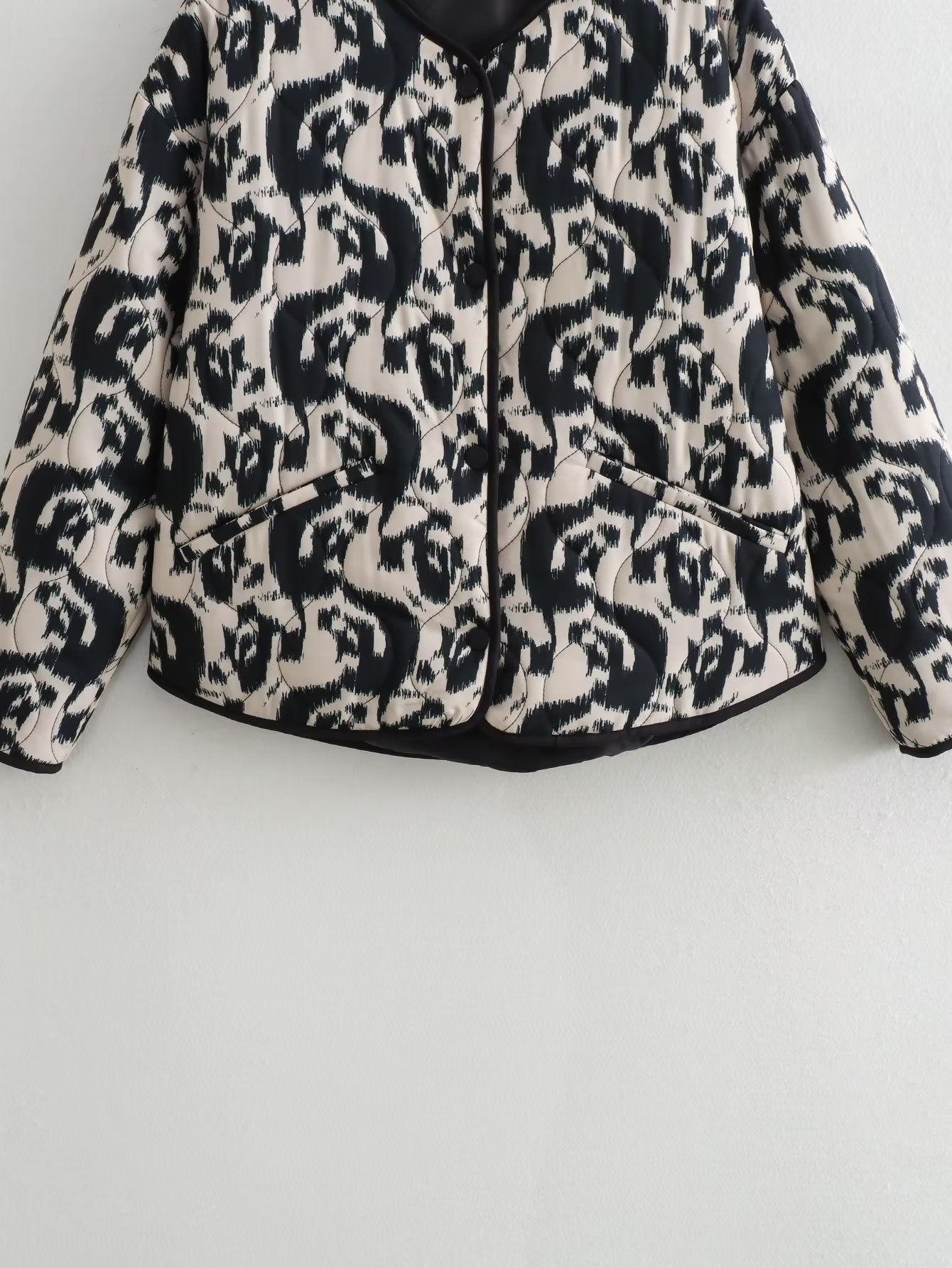 Collarless Animal Print Cotton Coat | Loose Fit, Stylish Design | Casual Autumn and Winter Wear