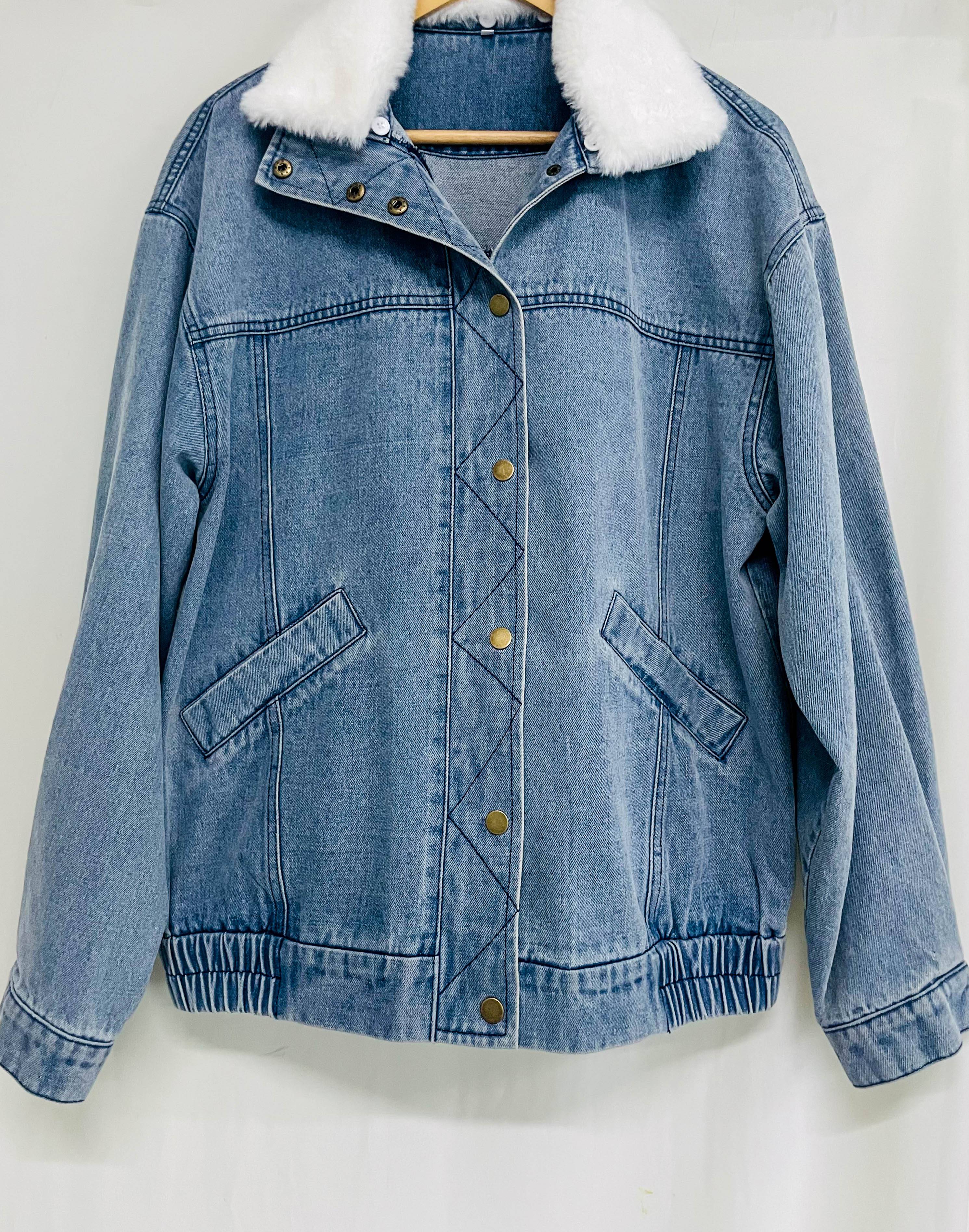 Ladies Denim Cotton Jacket | Fur Collar, Double Pockets | Casual Fall and Winter Wear