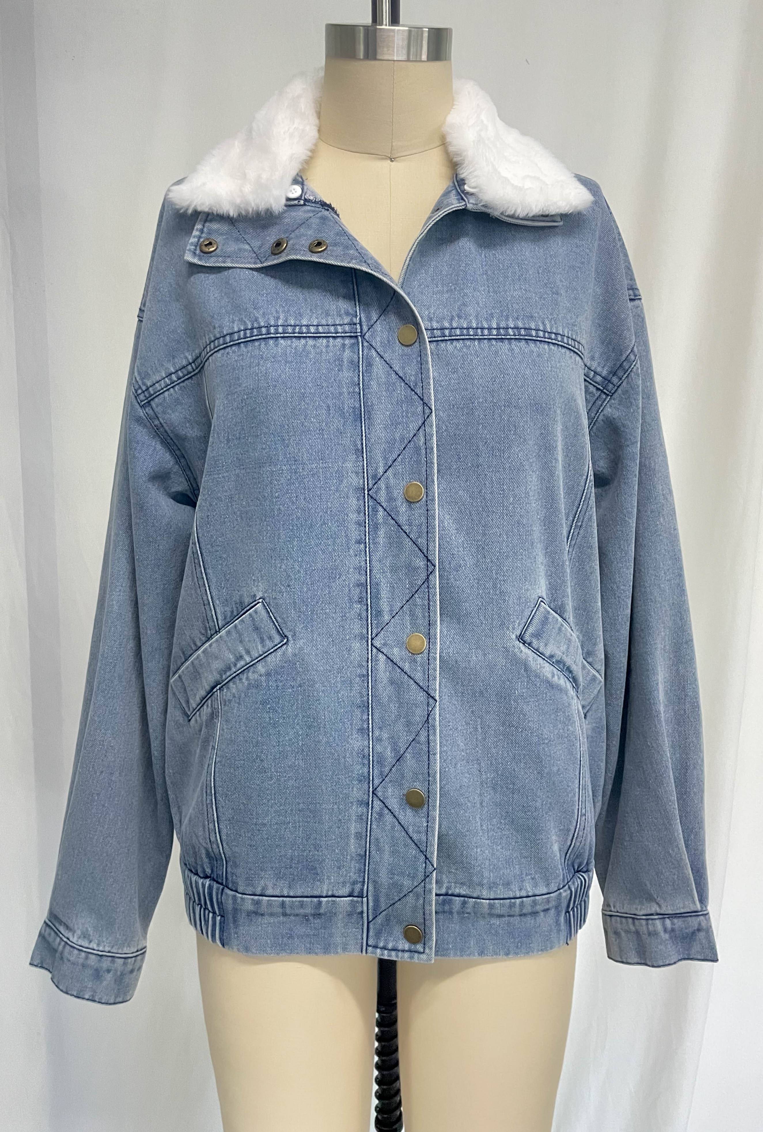 Ladies Denim Cotton Jacket | Fur Collar, Double Pockets | Casual Fall and Winter Wear
