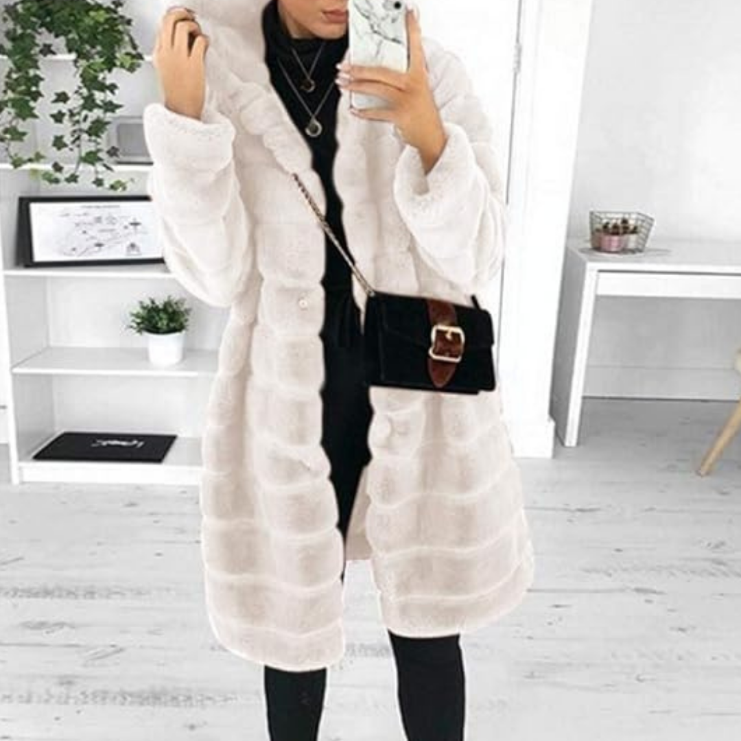 Long Faux Fur Coat with Hood | Elegant & Warm | Winter Glamour