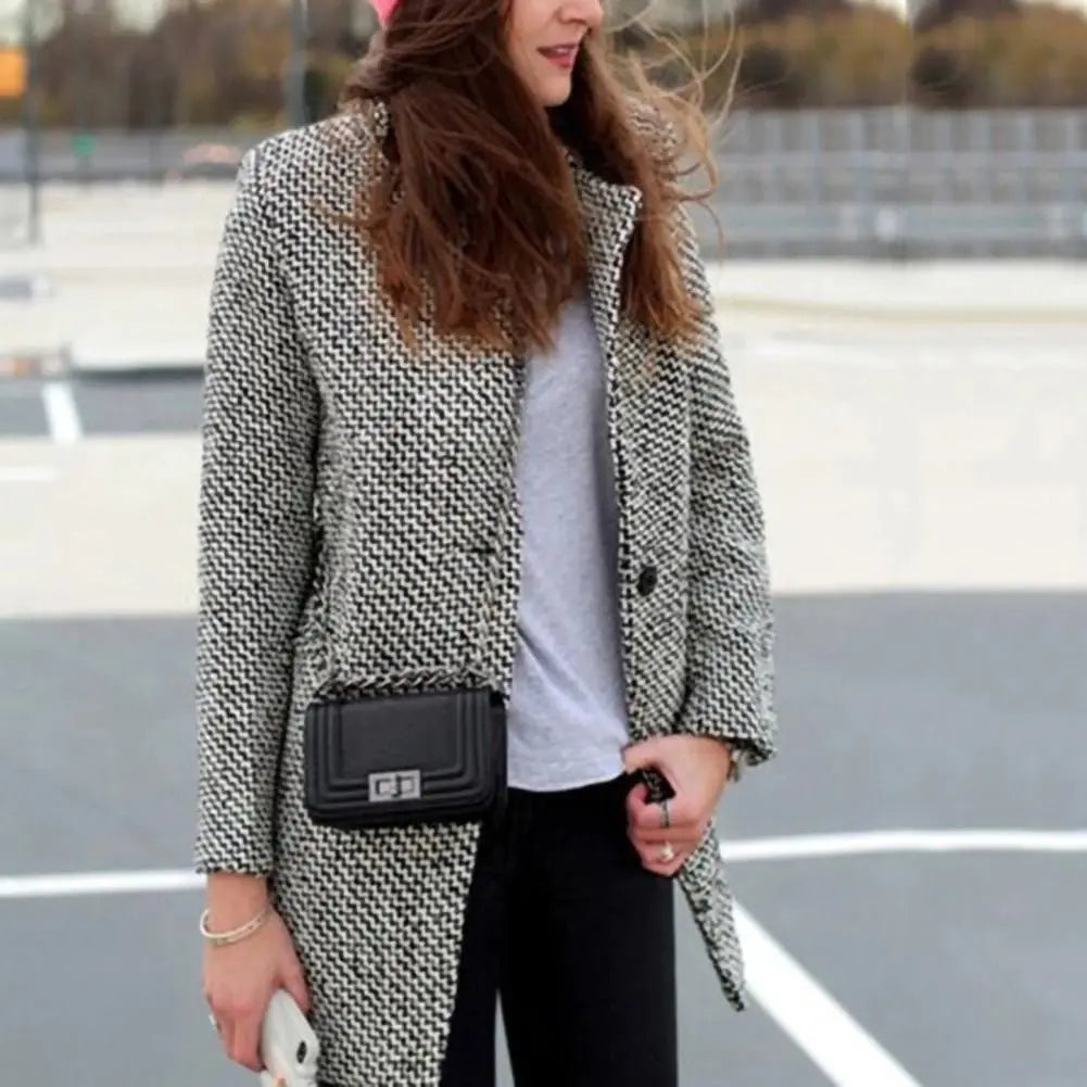 Herringbone Tweed Long Coat | Faux Fur Lining | Timeless Elegance
