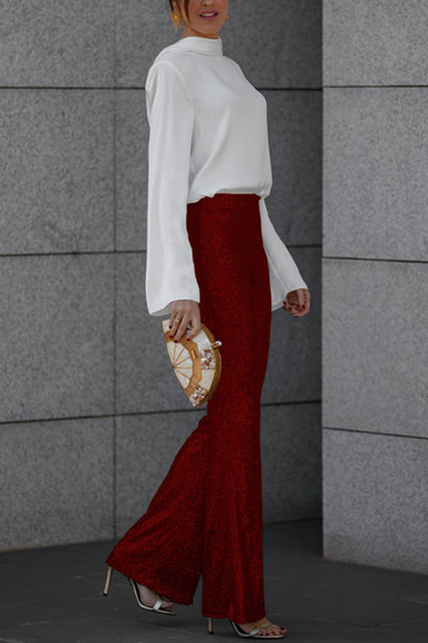 Sequin Flare Trousers | High-Rise Elastic Waist | Festive Wear