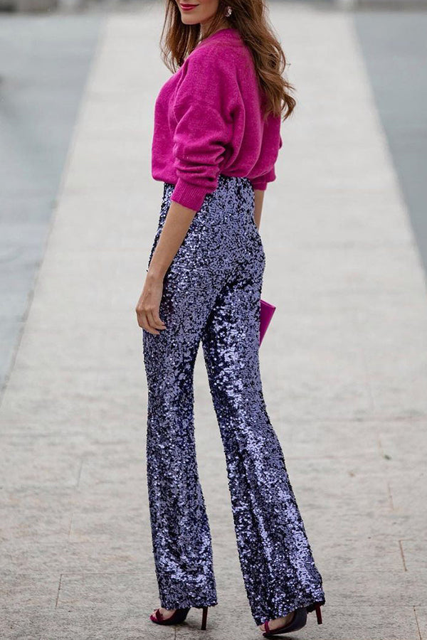 Sequin Flare Trousers | High-Rise Elastic Waist | Festive Wear