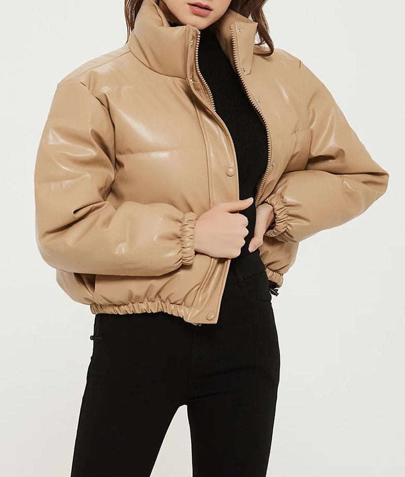 Leather Coat for Women | Stand Collar, Cotton-Padded Design | Warm Autumn and Winter Wear