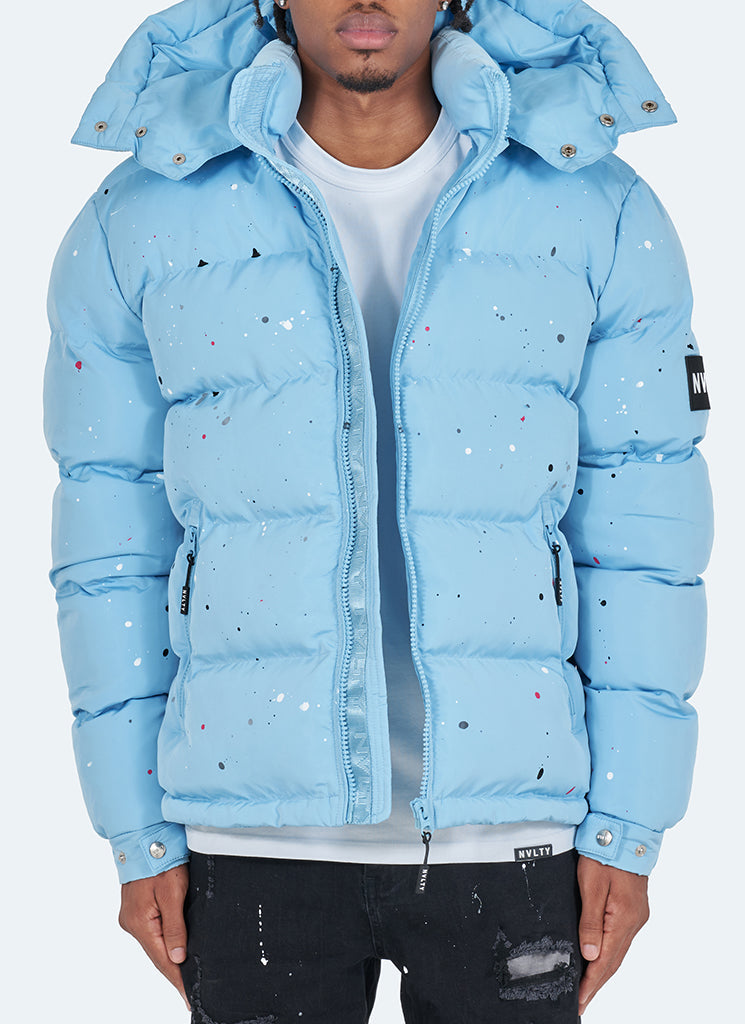 Splatter-Detail Hooded Puffer Jacket | Light Blue | Bold and Warm