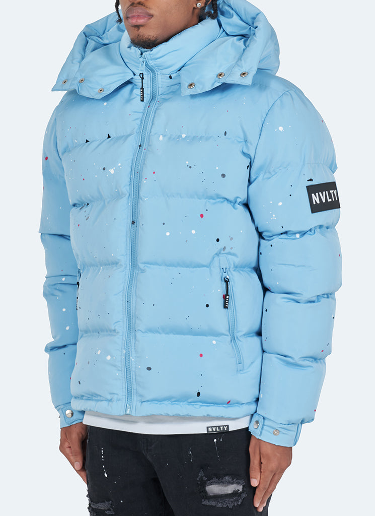 Splatter-Detail Hooded Puffer Jacket | Light Blue | Bold and Warm