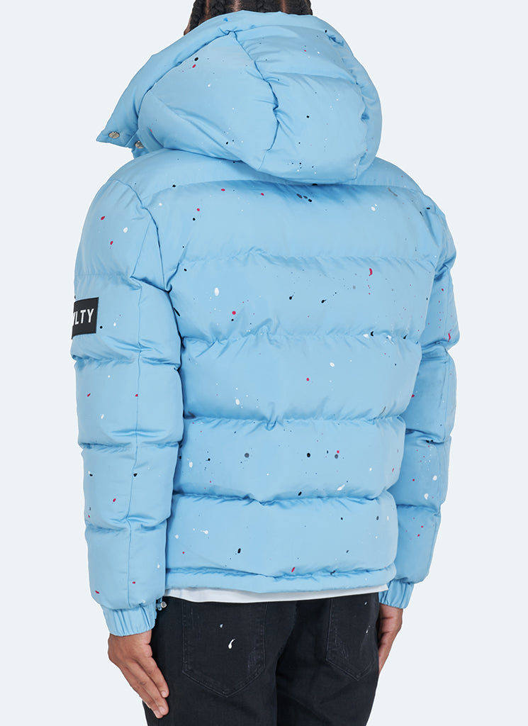 Splatter-Detail Hooded Puffer Jacket | Light Blue | Bold and Warm