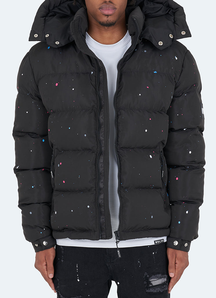 Splatter-Detail Hooded Puffer Jacket | Bold Design | Warm and Functional