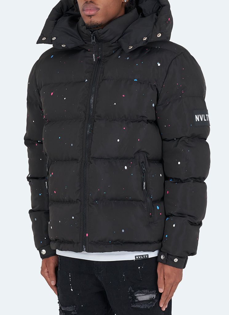 Splatter-Detail Hooded Puffer Jacket | Bold Design | Warm and Functional