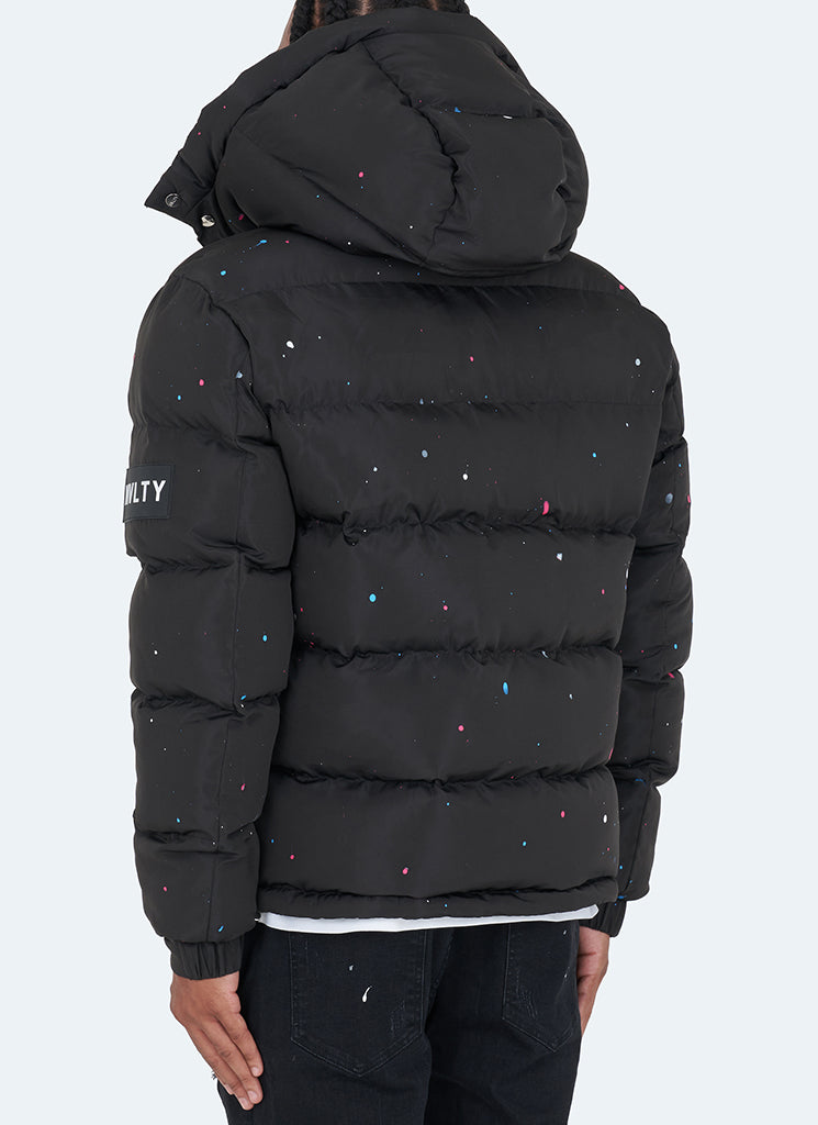 Splatter-Detail Hooded Puffer Jacket | Bold Design | Warm and Functional