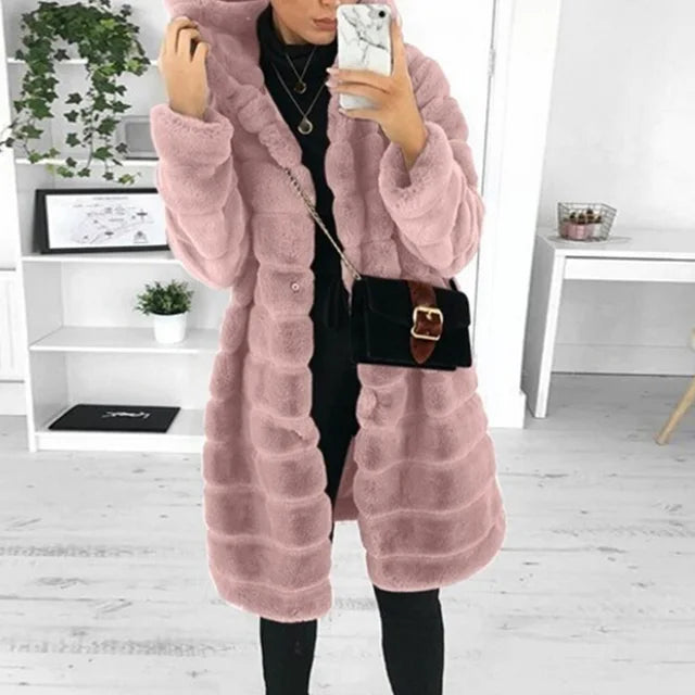 Long Faux Fur Coat with Hood | Elegant & Warm | Winter Glamour