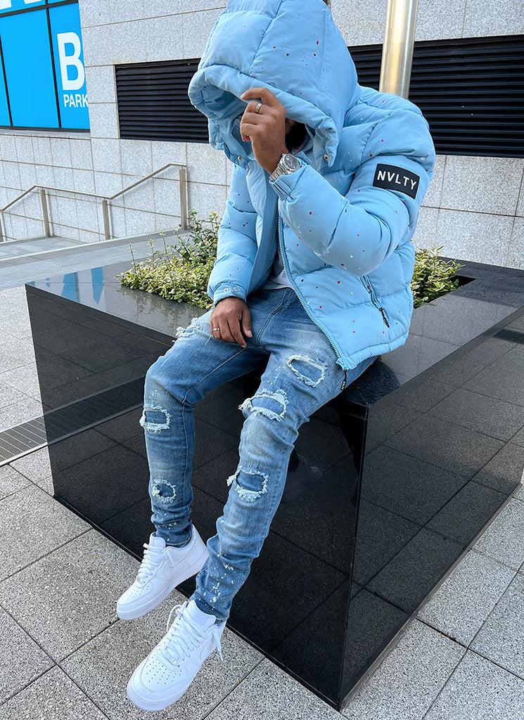 Splatter-Detail Hooded Puffer Jacket | Light Blue | Bold and Warm