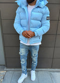 Splatter-Detail Hooded Puffer Jacket | Light Blue | Bold and Warm