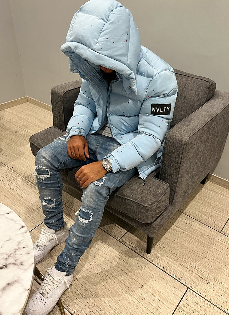 Splatter-Detail Hooded Puffer Jacket | Light Blue | Bold and Warm