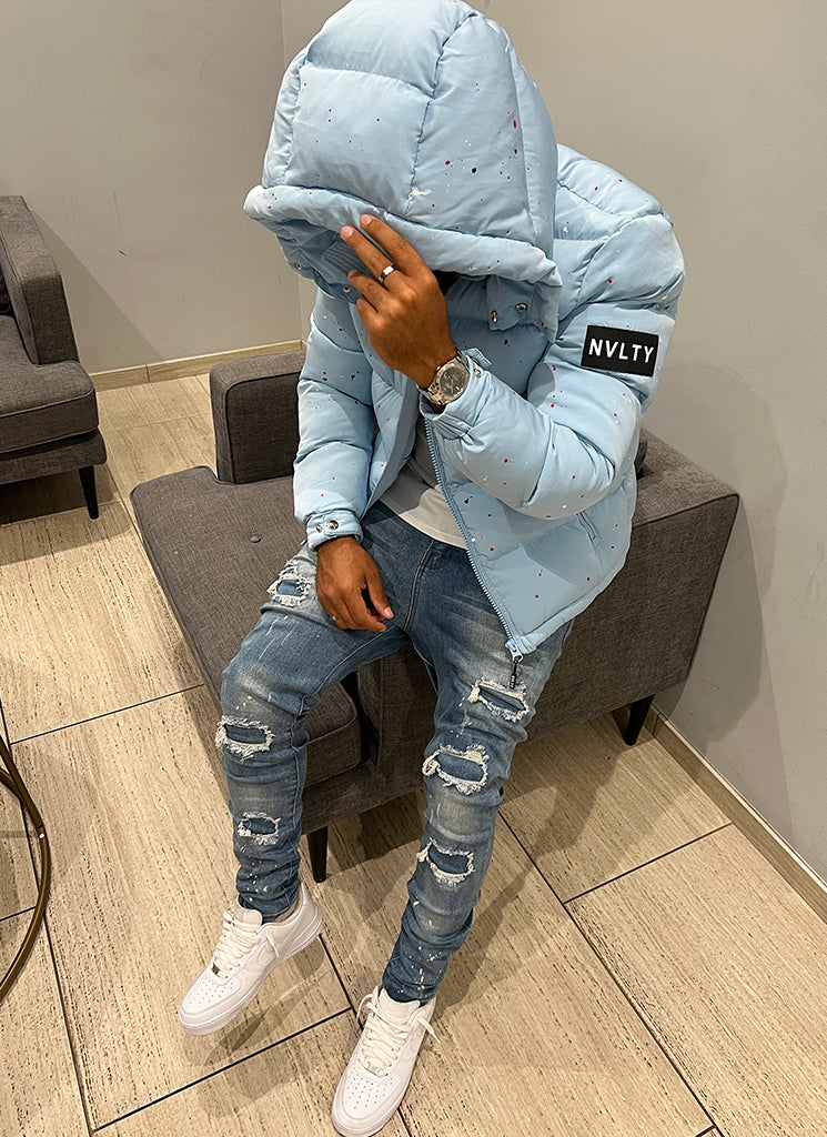 Splatter-Detail Hooded Puffer Jacket | Light Blue | Bold and Warm