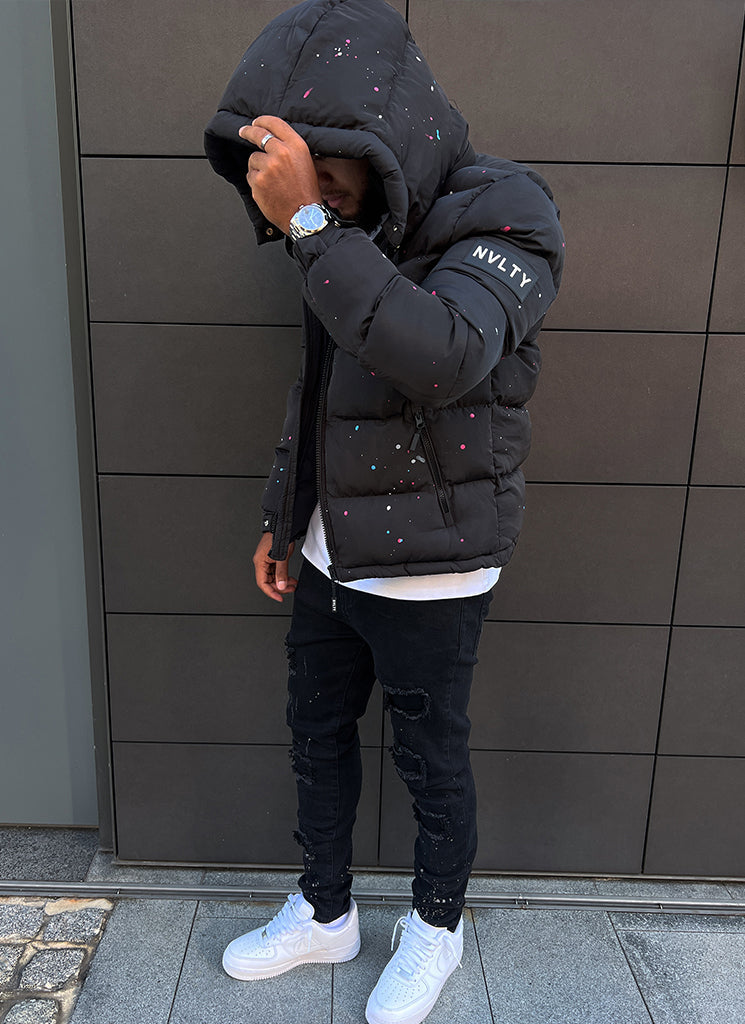 Splatter-Detail Hooded Puffer Jacket | Bold Design | Warm and Functional