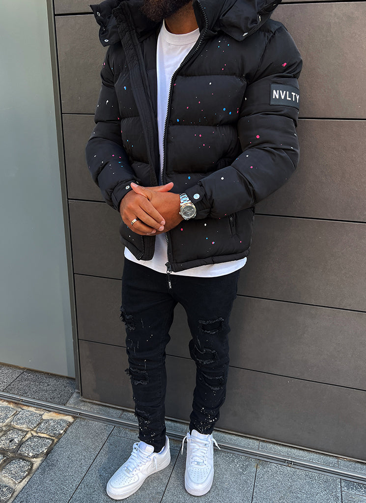 Splatter-Detail Hooded Puffer Jacket | Bold Design | Warm and Functional