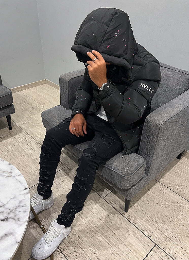 Splatter-Detail Hooded Puffer Jacket | Bold Design | Warm and Functional