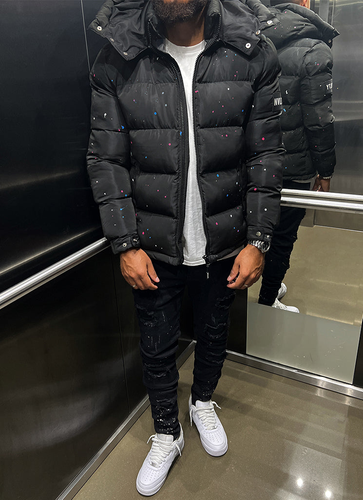 Splatter-Detail Hooded Puffer Jacket | Bold Design | Warm and Functional