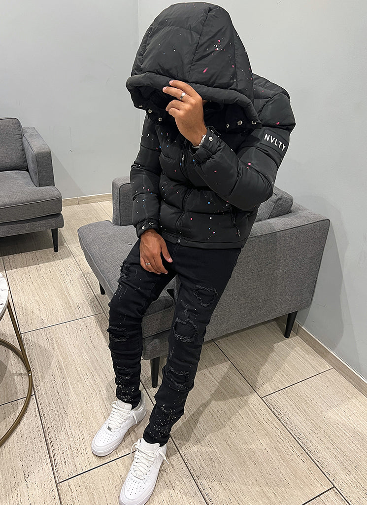 Splatter-Detail Hooded Puffer Jacket | Bold Design | Warm and Functional