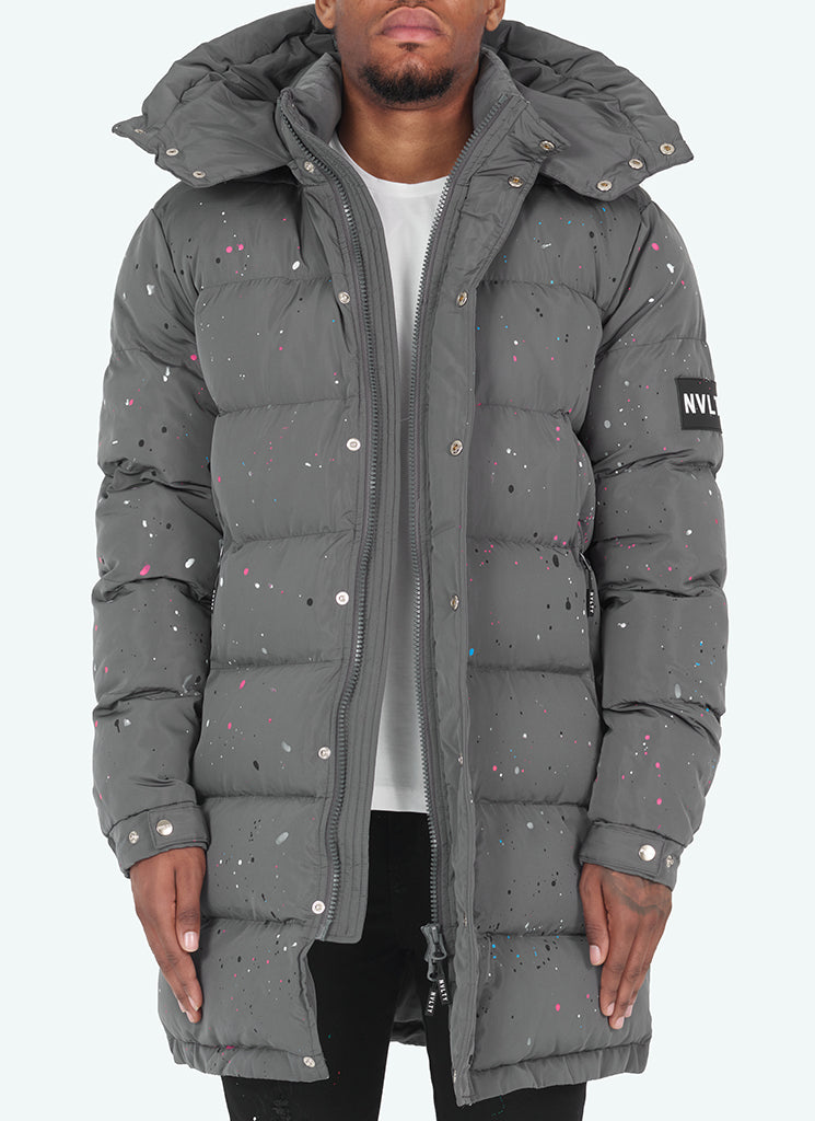 Longline Grey Puffer Jacket | Splatter Design | Warm and Sleek