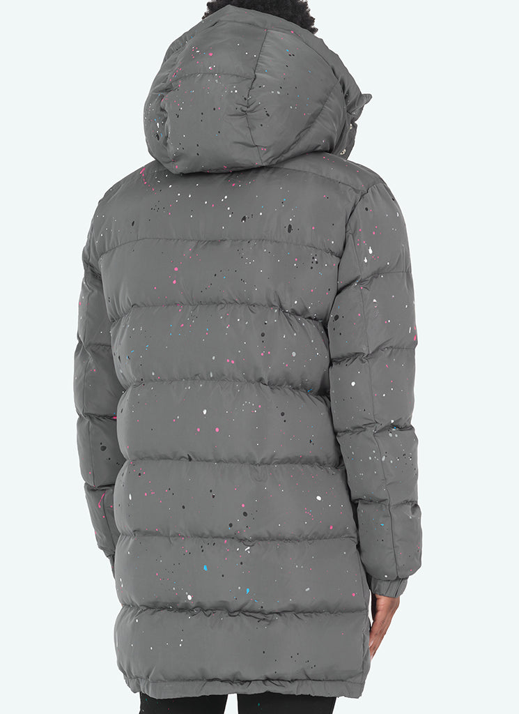 Longline Grey Puffer Jacket | Splatter Design | Warm and Sleek