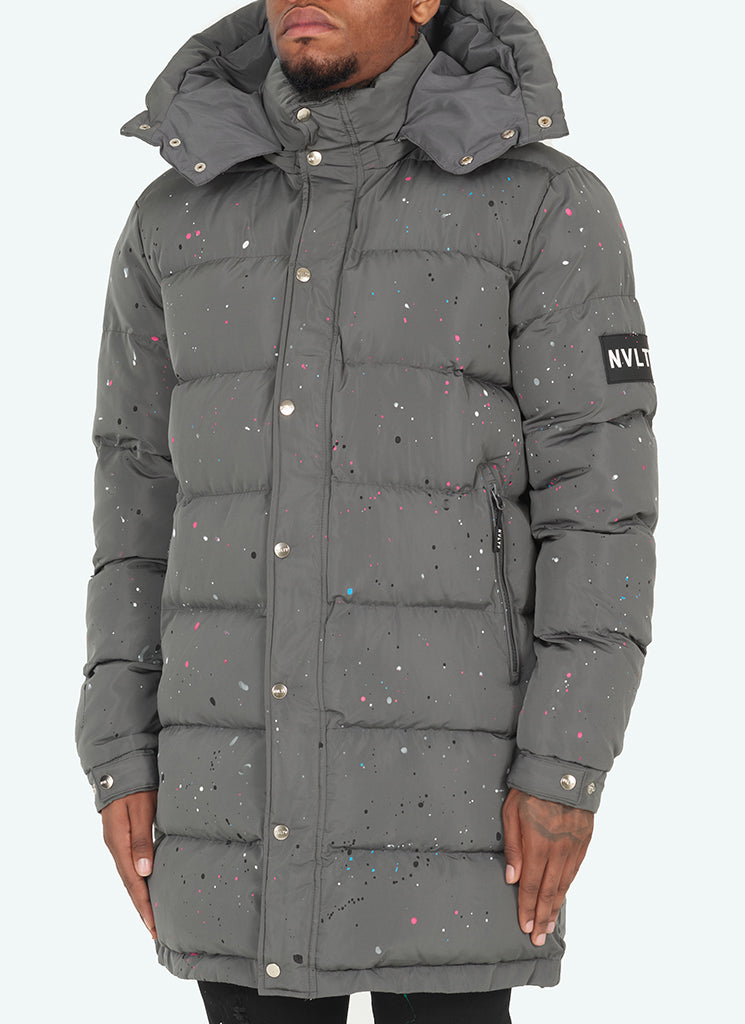 Longline Grey Puffer Jacket | Splatter Design | Warm and Sleek