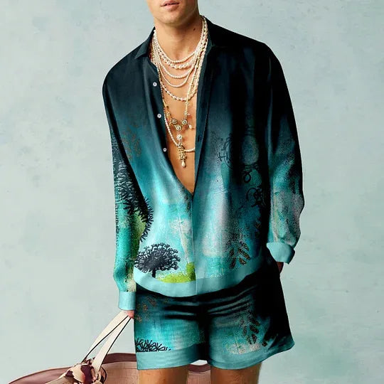 Men's Printed Silk Two-Piece Set | Relaxed Fit | Vibrant Resort Wear