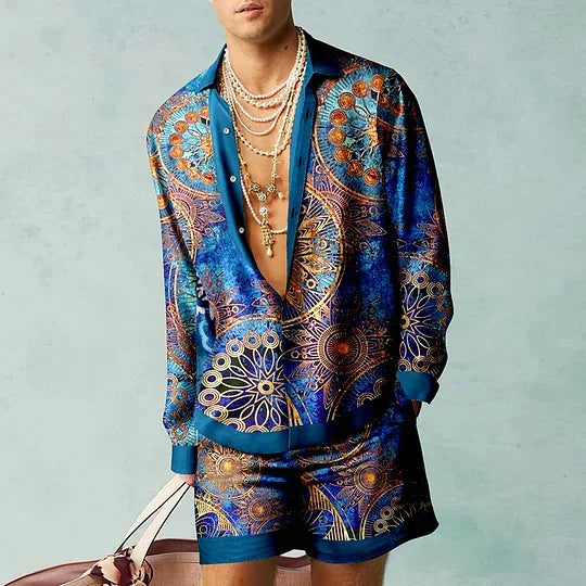 Men's Printed Silk Two-Piece Set | Relaxed Fit | Vibrant Resort Wear