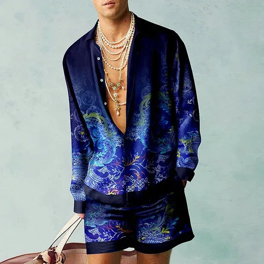 Men's Printed Silk Two-Piece Set | Relaxed Fit | Vibrant Resort Wear