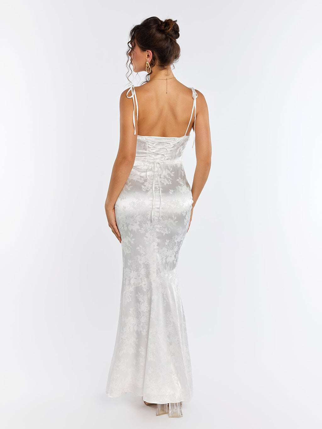 Satin Evening Gown | Floral Jacquard with Lace-Up Back | Formal Wear