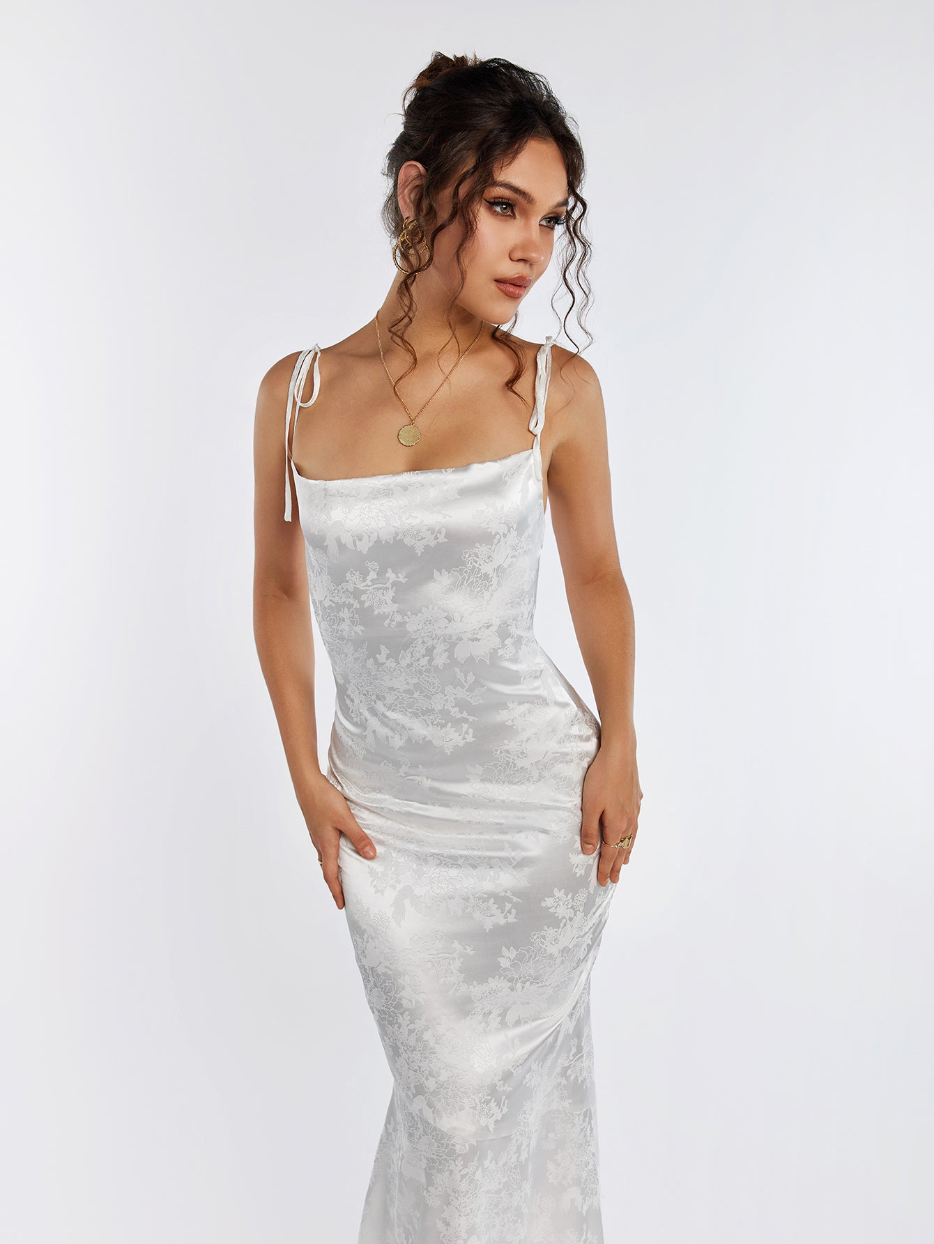 Satin Evening Gown | Floral Jacquard with Lace-Up Back | Formal Wear