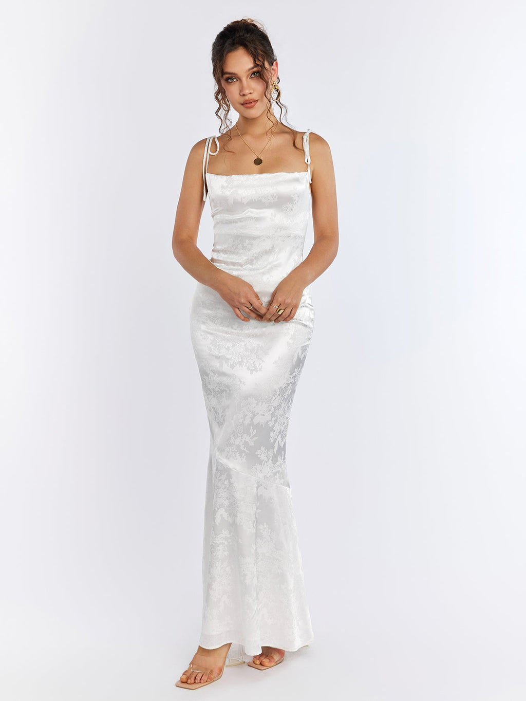 Satin Evening Gown | Floral Jacquard with Lace-Up Back | Formal Wear