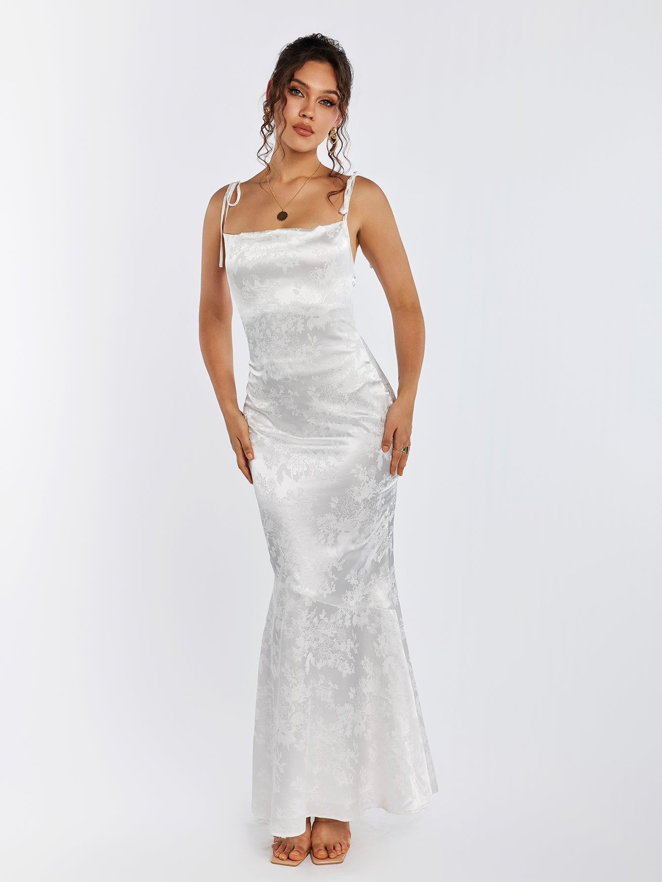 Satin Evening Gown | Floral Jacquard with Lace-Up Back | Formal Wear