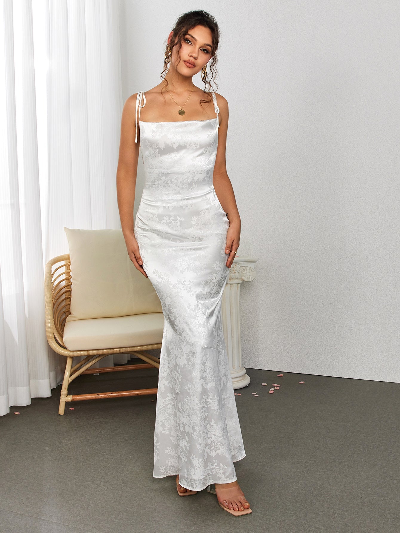 Satin Evening Gown | Floral Jacquard with Lace-Up Back | Formal Wear