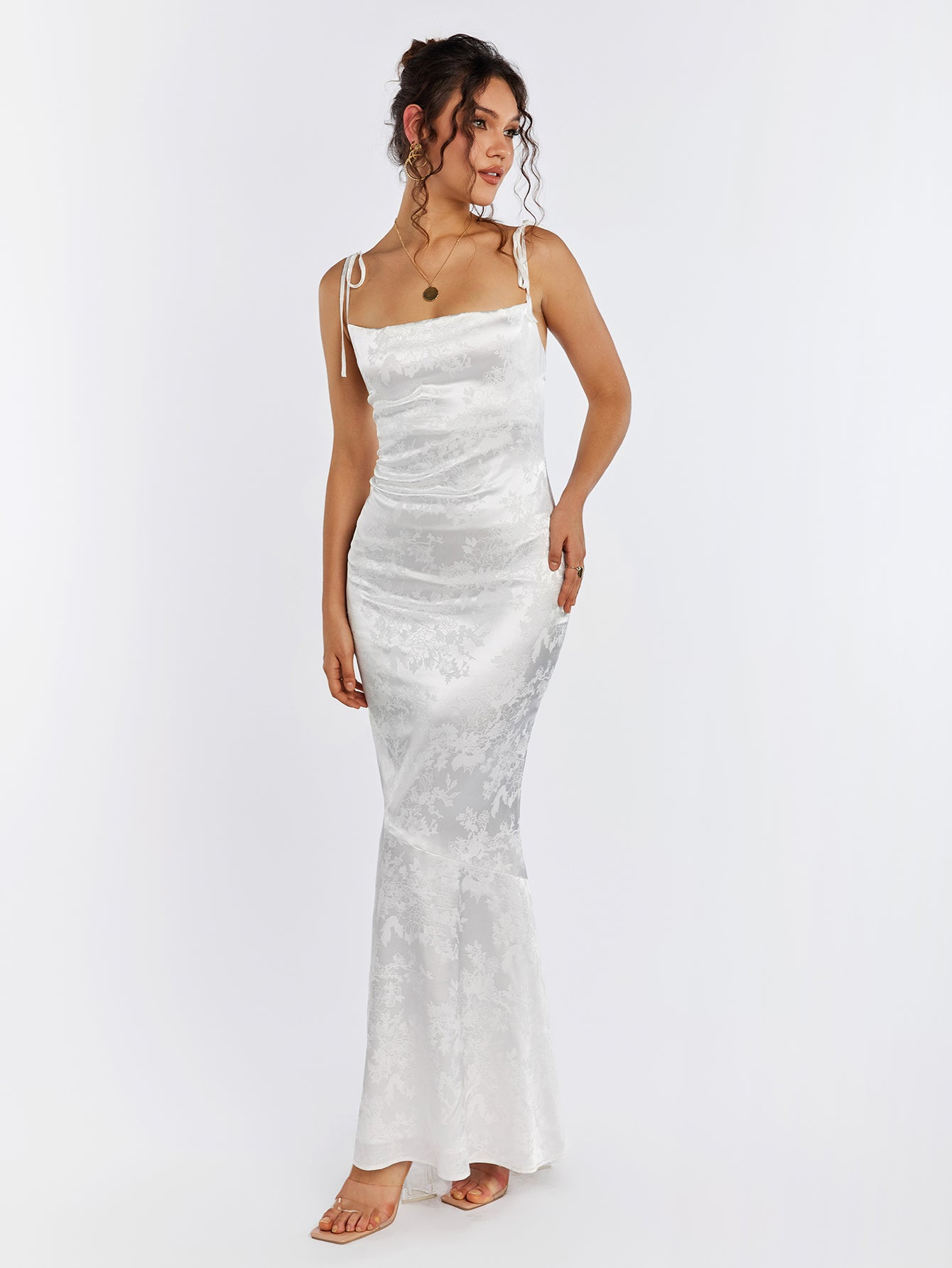 Satin Evening Gown | Floral Jacquard with Lace-Up Back | Formal Wear