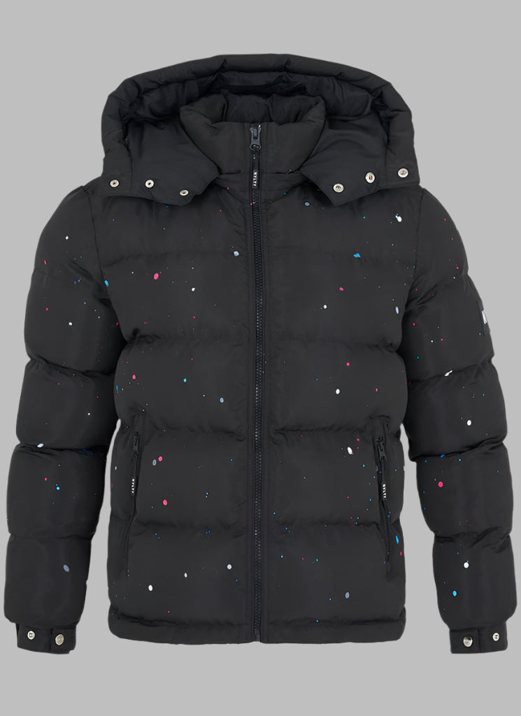 Splatter-Detail Hooded Puffer Jacket | Bold Design | Warm and Functional