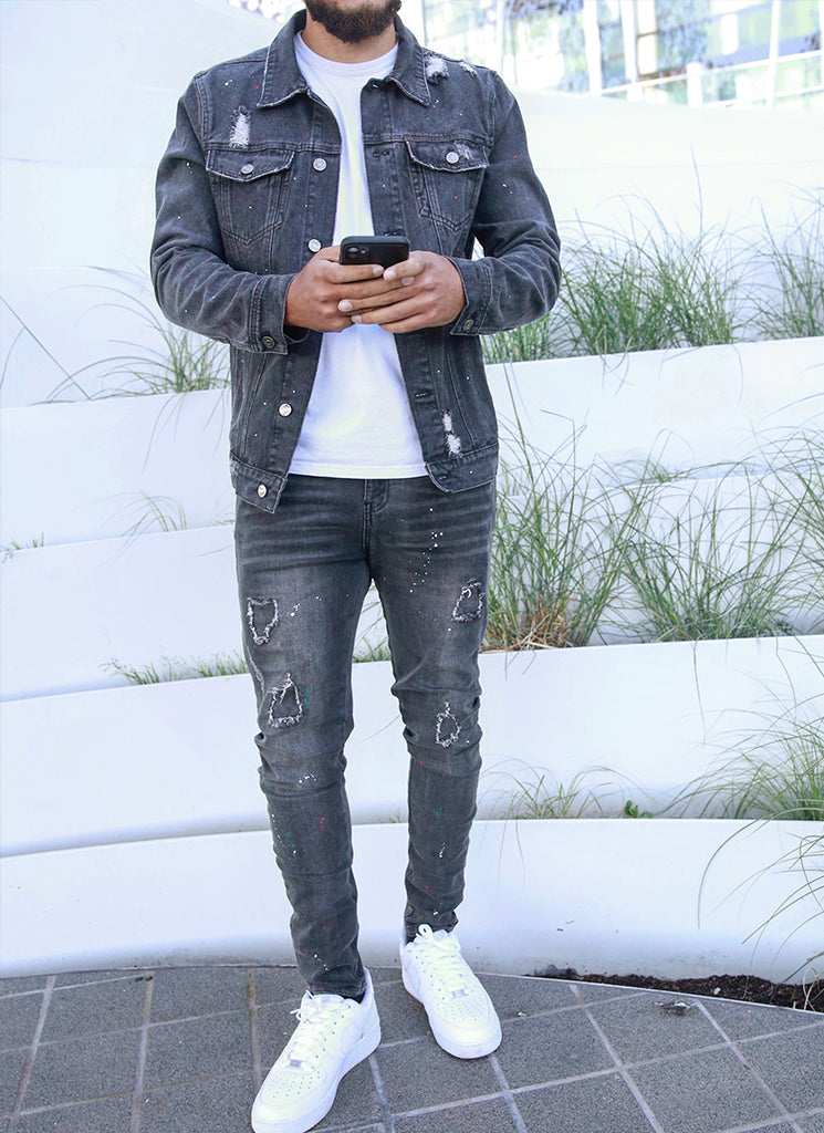 Distressed Black Denim Jacket | Slim Fit | Rugged and Stylish