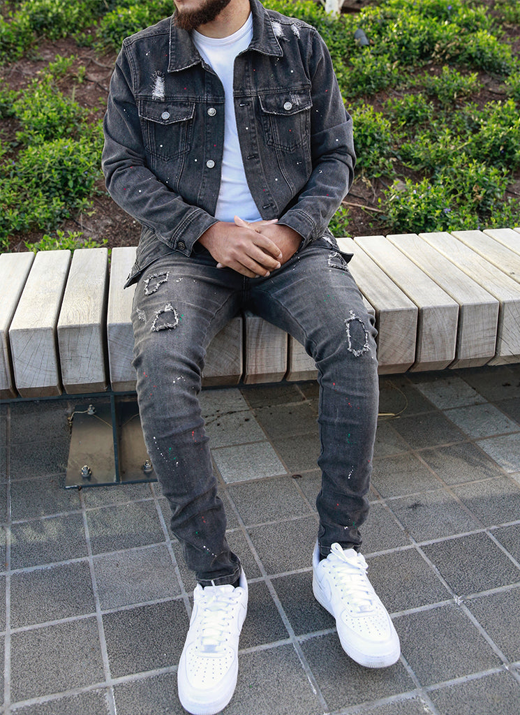 Distressed Black Denim Jacket | Slim Fit | Rugged and Stylish