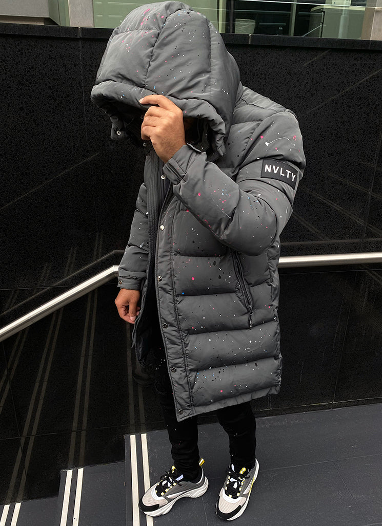 Longline Grey Puffer Jacket | Splatter Design | Warm and Sleek