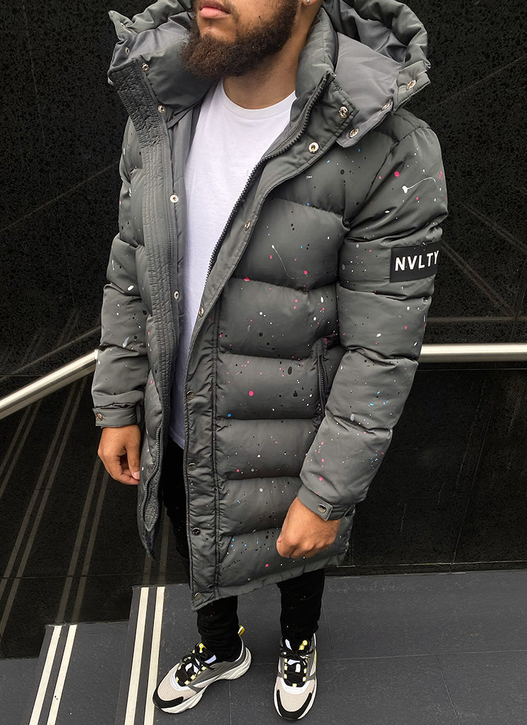 Longline Grey Puffer Jacket | Splatter Design | Warm and Sleek