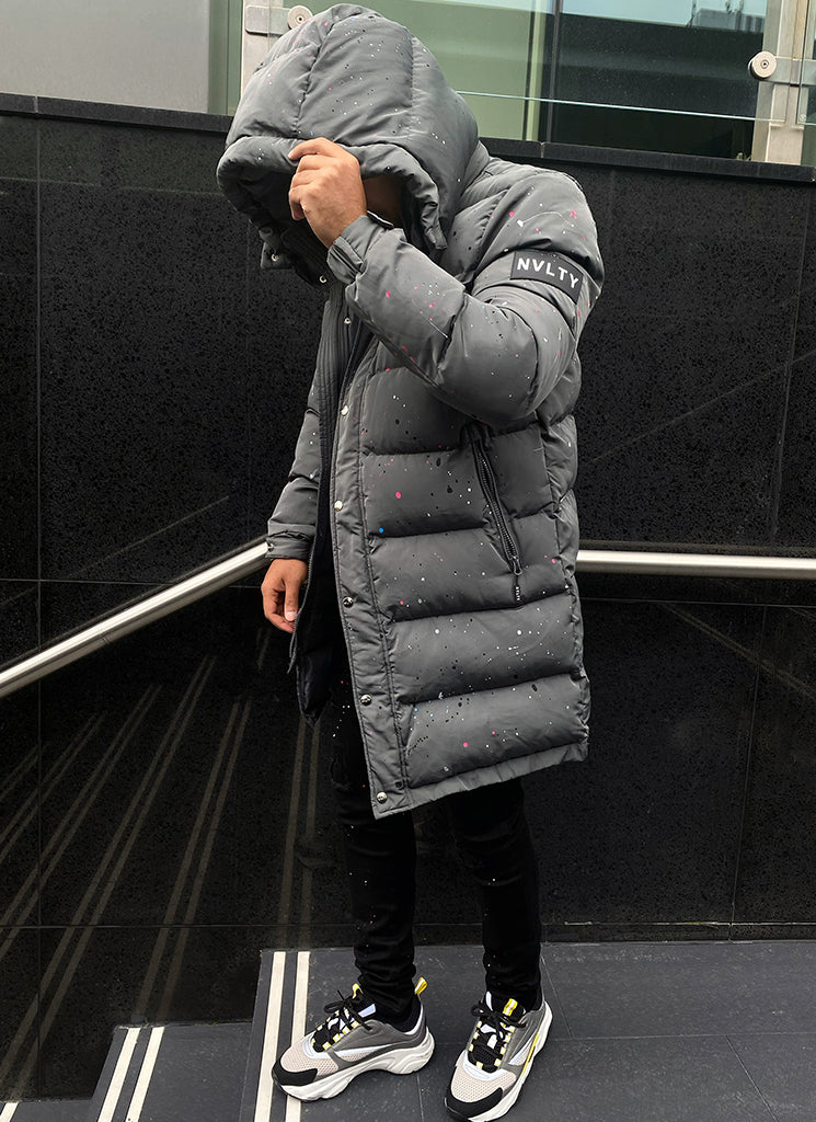 Longline Grey Puffer Jacket | Splatter Design | Warm and Sleek