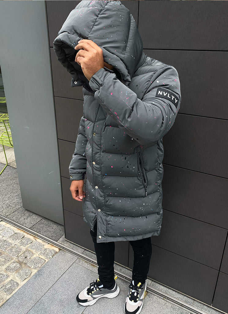 Longline Grey Puffer Jacket | Splatter Design | Warm and Sleek