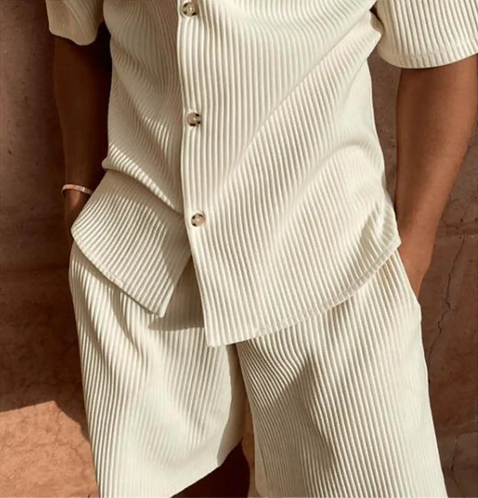 Textured Shirt and Shorts Set | Breathable Cotton Blend | Relaxed Summer Elegance